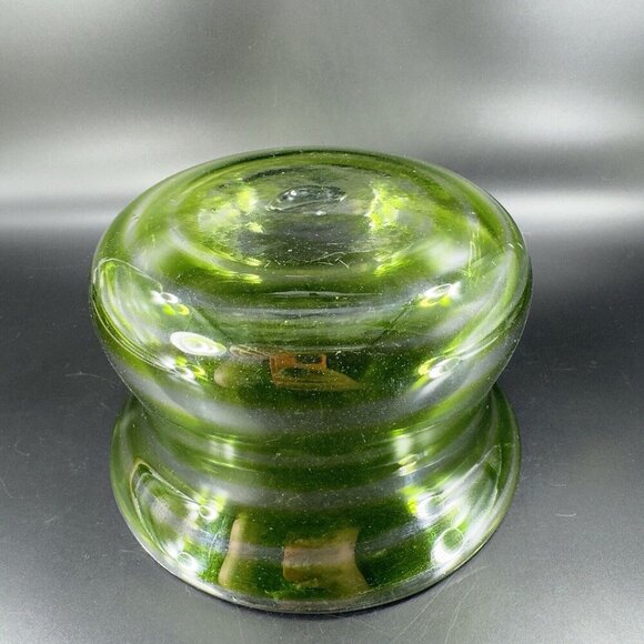 Blenko Art Glass Bowl Planter Flower Pot Hand Blown Green Clear Lines Round Vtg - Picture 15 of 16
